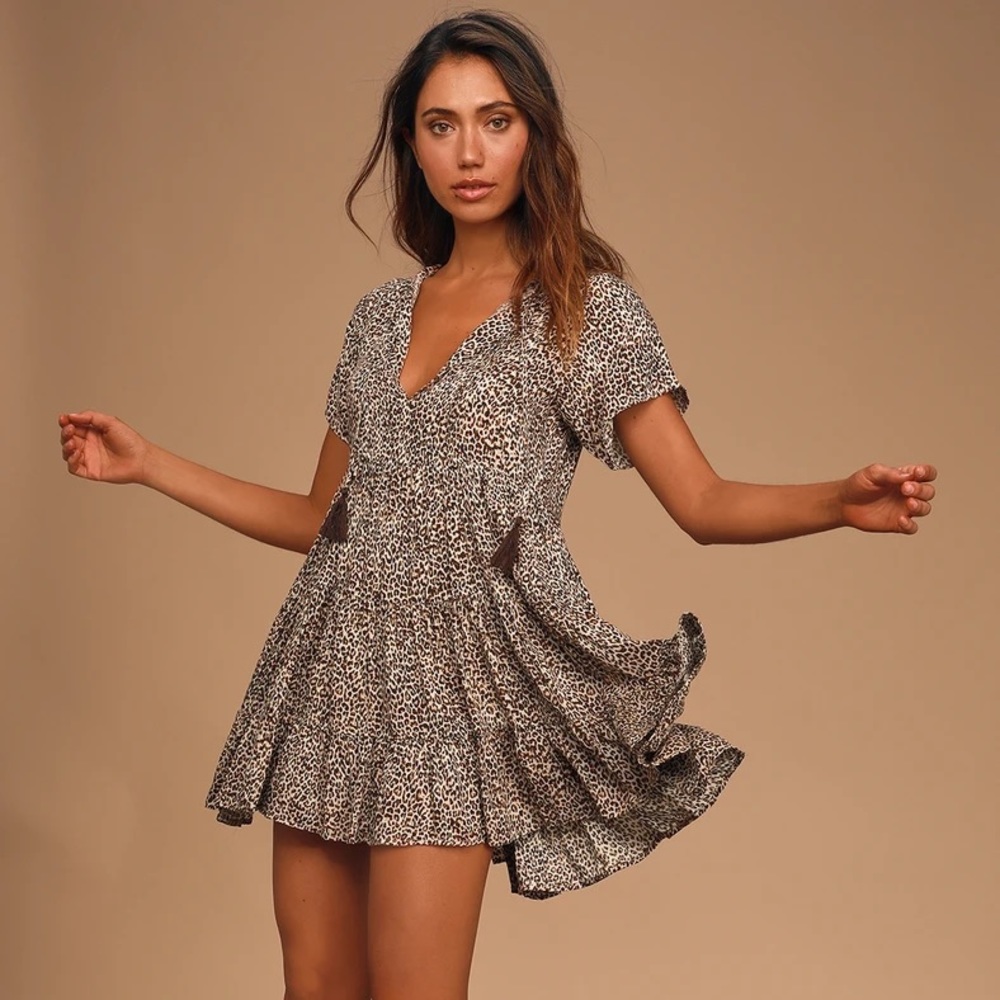 Leopard Print Short Sleeve Babydoll Dress
